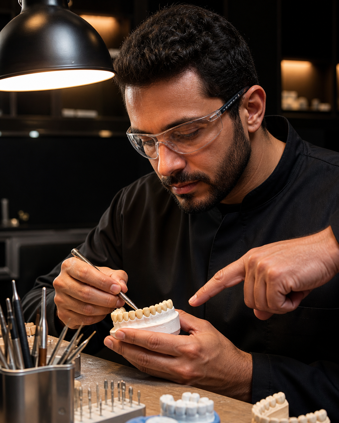 Aluno em formação prática de prótese dentária